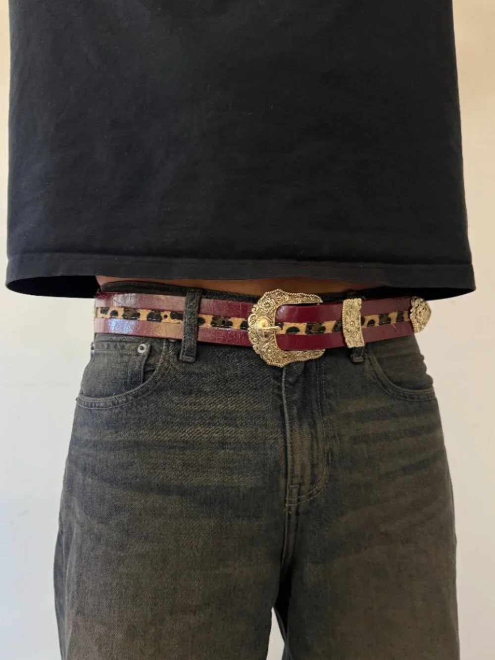 Wine Red Leopard Print Antique Western Belt